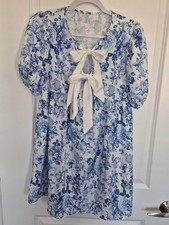 SHEIN Blue White Floral Puff Sleeve Babydoll Mini Dress Dual Bow Back Size S