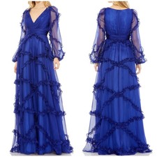 Mac Duggal NWT V Neck Cascade Ruffle Tiered Puff Sleeve Gown Sapphire Size 18