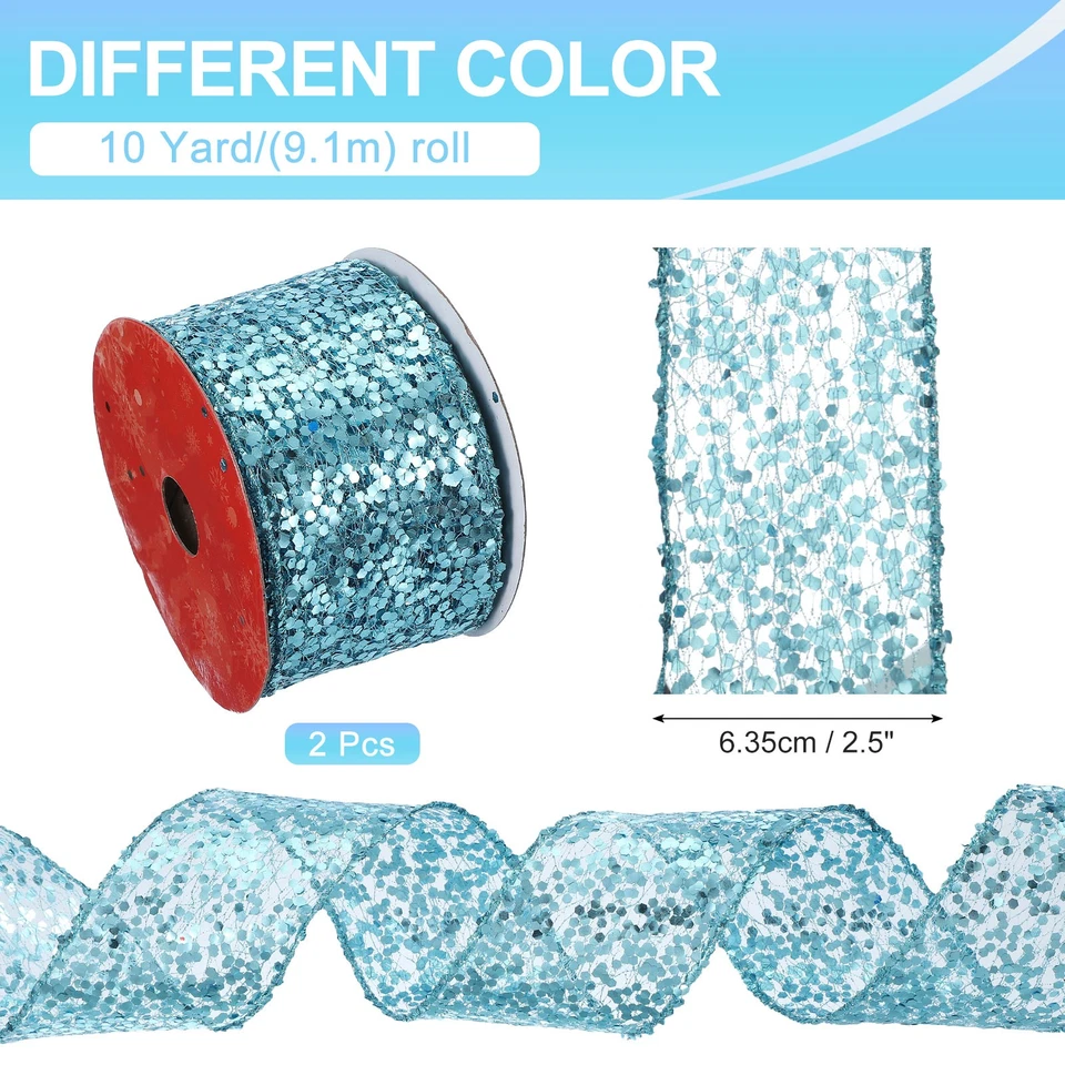 2 Pcs 10 Yard 2.5 Inch Glitter Mesh Wired Ribbon Webbed Sequin Sky Blue Foto 2 de 4