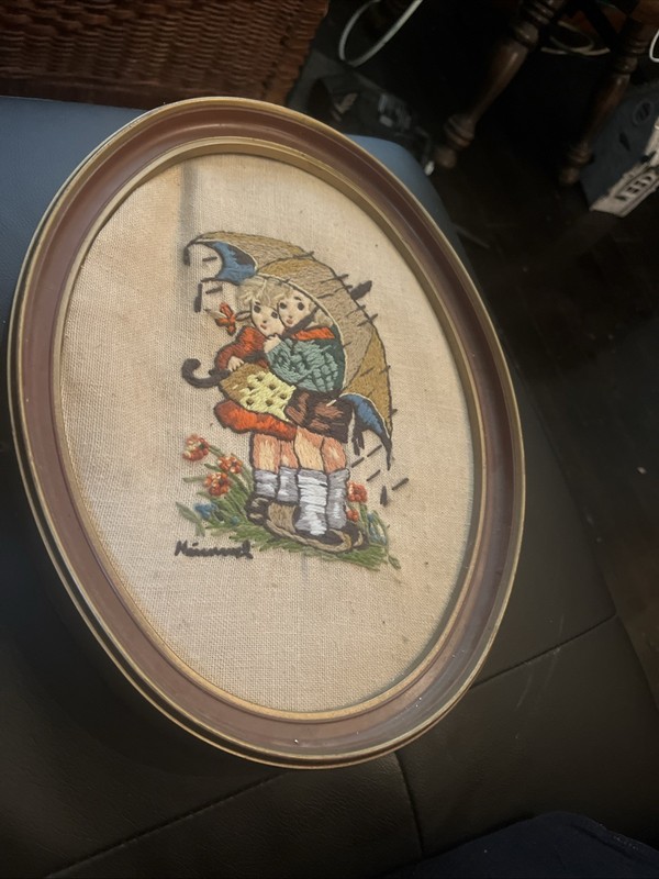 Hummel framed Needlepoint Picture Little Girl w Bird 70s Vintage crewel
