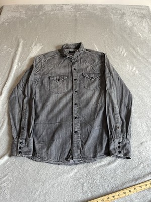 Replay Denim Western Hemd Herren mittelgrau Perlen Druckknöpfe Baumwolle Knopfleiste