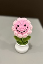 Handmade Crochet Pink Smiling Flower Plush in Pot  Cute Amigurumi Decor