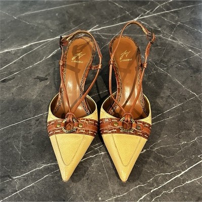 J Vincent Strappy Leather Stiletto Heels Brown Beige Buckle Bow Pointed Toe 7M
