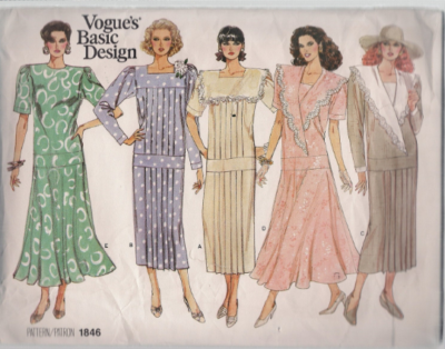 Vogue 1846 Misses Drop Waist Dress Fancy Collars Tea Length 1980s Sizes  8-12 UC