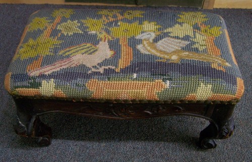 Vintage Carved Folk Art Footstool Needlepoint Birds Belgium - Picture 22 of 24