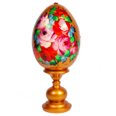 Gold Flowers Zhostovo Wood Easter Egg on a Stand, Painted by Hand in Russia 7.1''