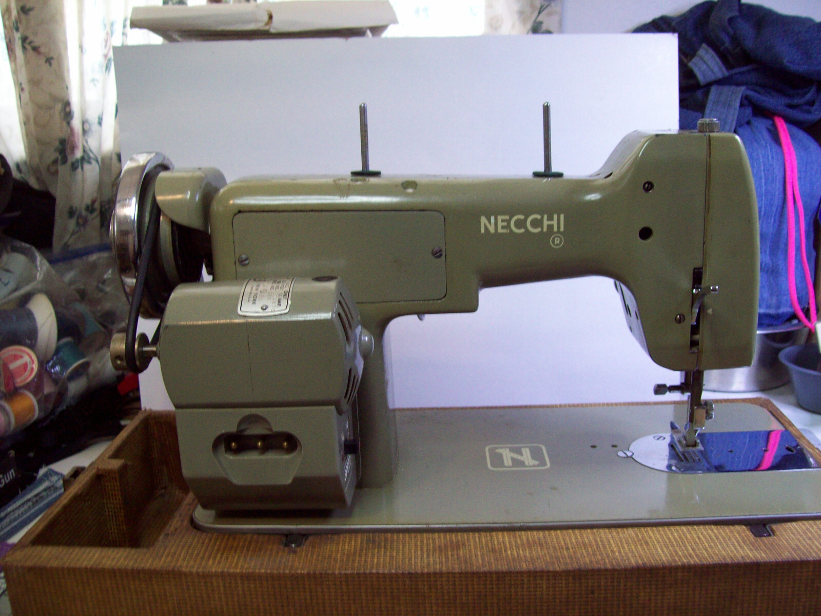 Vintage Necchi Mira sewing machine,with wonder wheel,case,and box of