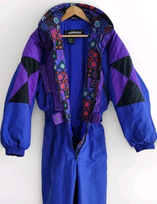 VTG Skiwear Snowsuit Winter Sport Coveralls Bibs Retro Blue Multicolor Ski 80s M