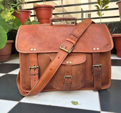 Bag Goat Leather Laptop Vintage Brown Real Men's Messenger Briefcase