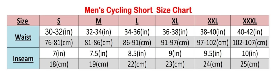 mens short clothing size chart with waist, hip and inseam measurements