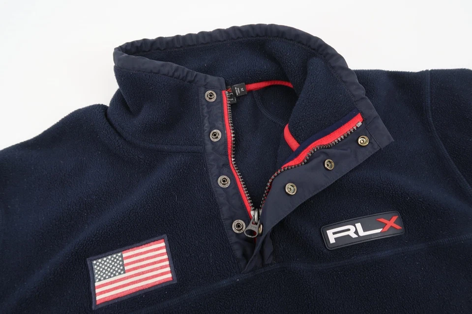 Pullover polar RLX Ralph Lauren para hombre XL EE. UU. bandera golf 1/4 cremallera cuello falso a presión Foto 3 de 4