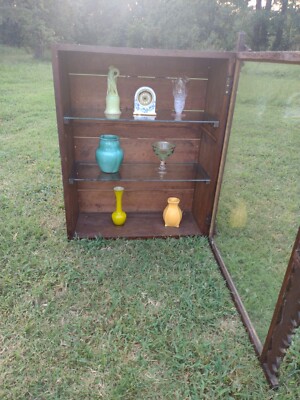 Large Vintage Display Wall Shelf Hand Carved Frame Glass Shelves