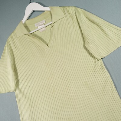 Escada Polo T Shirt Oberteil Damen 42 Grün Gerippt Seide Kurzarm Margaretha Ley