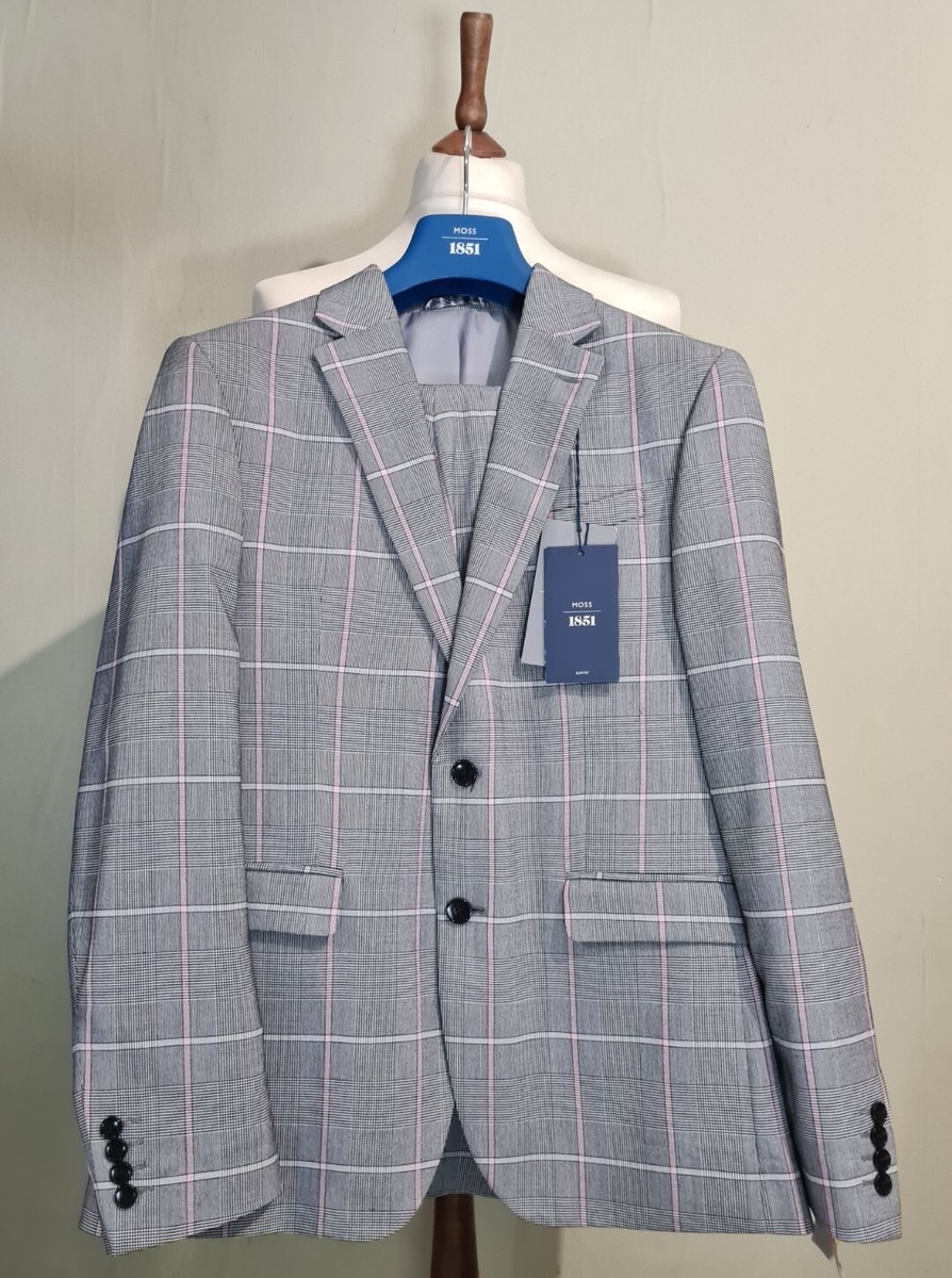 Moss Bros Slim Fit Check Single Breasted Suit Grey Pink Size uk 40