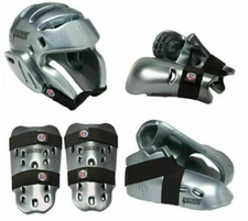Silver Proforce Sparring Gear Set Head Foot Hand Shin Pads Martial Arts 