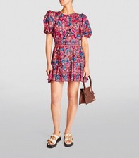 FARM RIO Pink Blush Floral Birds Short Puff Sleeve Belted Mini Dress XS = 0/2 💗