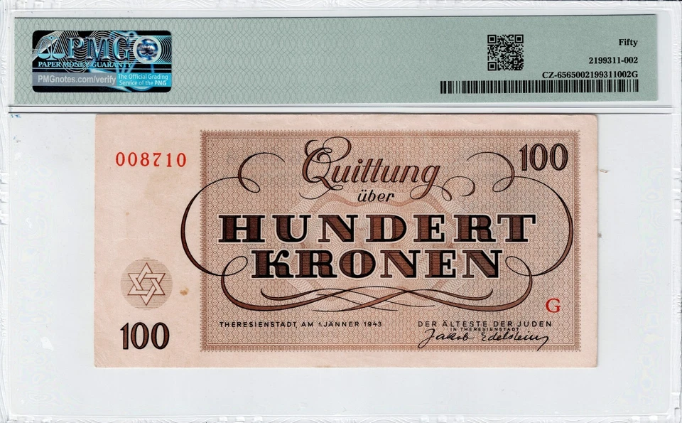 1943 Czech-Theresienstadt Ghetto 100 Kronen CZ-656 PMG 50 AU Banknote - Image 2 of 2