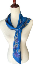 Vintage Vera Neumann Silk Floral Blue Art Scarf Rectangle Pointed Edges 6x58