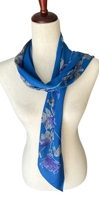Vintage Vera Neumann Silk Floral Blue Art Scarf Rectangle Pointed Edges 6x58