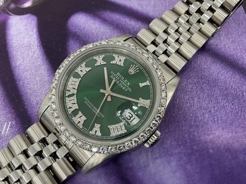 36mm Rolex Datejust 16220 Jubilee Green Dial Diamond Bezel Watch Box Warranty