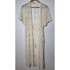 Ivory Lace Duster Kimono Sheer Floral Embroidered Boho Festival Cover Up