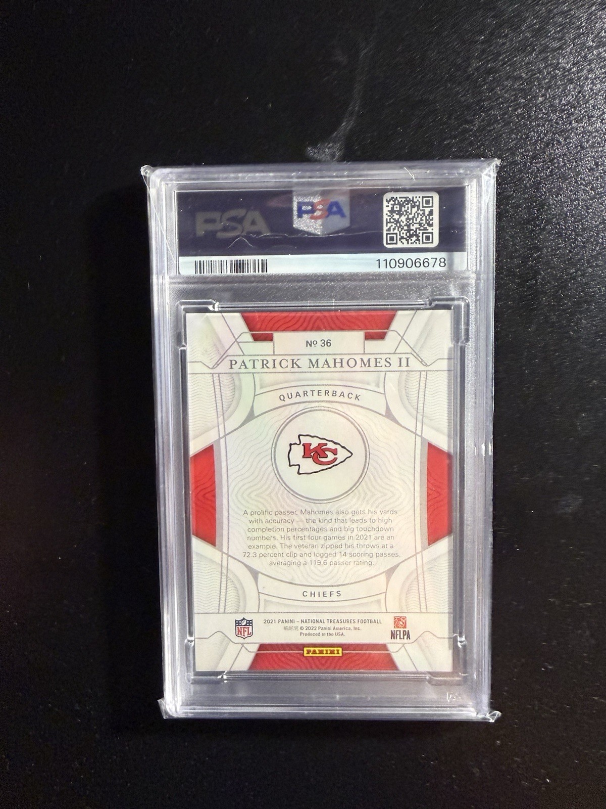 2021 PANINI NATIONAL TREASURES PATRICK MAHOMES II 76/99 #36 PSA 9 view 2
