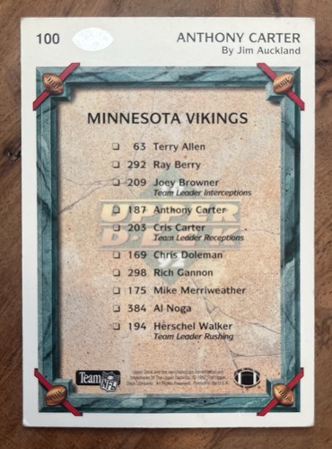 1992 Upper Deck Anthony Carter #100 Minnesota Vikings NFL Football - Picture 6 of 6