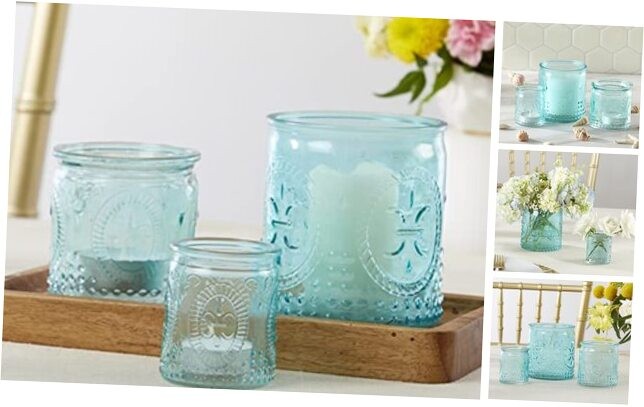 Glass Votive Candle (Set of 3) Vintage Tea Light Holders Nesting Blue