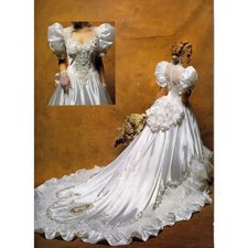 1980s Vintage Victorian WeddingDresses V-Neck BubbleSleeve Lace Trailing Ruffled
