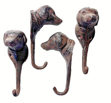 Four Dog Head Wall Hooks Cast Iron Key Towel Coat Leash Hanger Rustic Brown