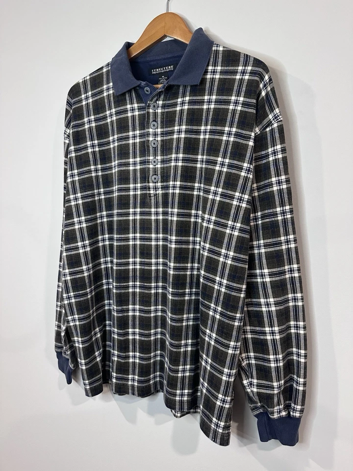 Polo Estructura Vintage Talla M Azul Verde Años 90 Cuadros Manga Larga Botones Metal Foto 2 de 4