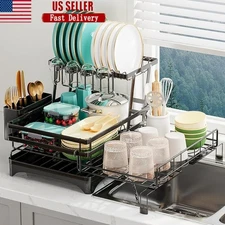 Expandable 2-Tier Dish Drying Rack Over Sink Space Saver Rust Resistant New