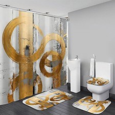 4pcs Gold Abstract Shower Curtain Bathroom Decor Sets with Rugs