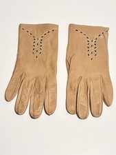 Women's Vintage Soft Tan Leather Gloves Driving Gloves with Cut Out Detail Sz 8