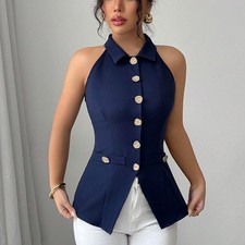 Women's Elegant Solid Sleeveless Vest - Button Front Lapel Top, Slim Fit Camisol