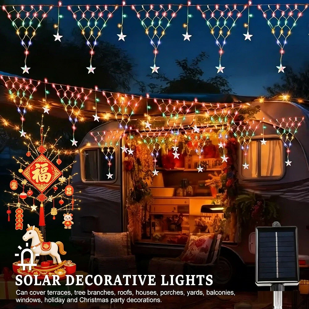 Solar Lights Outdoor Decorations 218 LED Star Curtain Fairy Lights Party Holiday