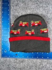 Fire Truck Jacob Ash Beanie Toque Youth 2T-4T Gray Red Knit Acrylic AOP Pom Ski