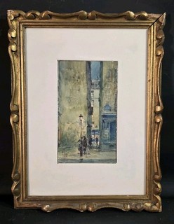 Tableau Aqua vue de rue du Chat perché Paris France signé André Villaret XXème