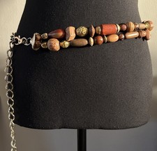 Vintage Wooden Beaded Belt Boho Hippie Adjustable Natural Brown Gold Tone