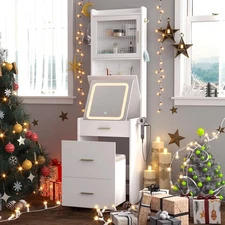 3in1 Vanity Desk w/Fold-up LED Mirror,Small Vanity Table Set w/Charging Station