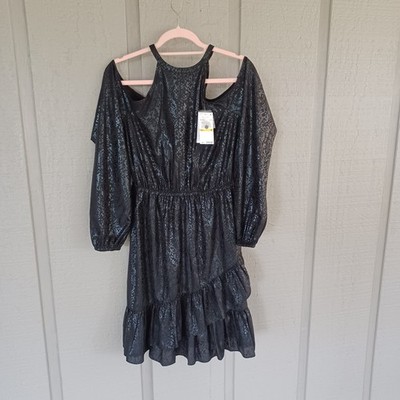 Michael Kors Snake Print Cold Shoulder Dress Size M Long Sleeve Flounce Hem Blac