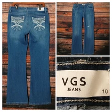VGS Jeans Size 10 Boot Cut Blue Denim Distressed Stretch Embellished Flap Pocket