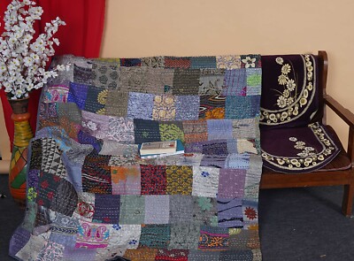 Indian Silk Patola Patchwork Handmade Kantha Quilt Throw Bedspread Grey Bedsheet