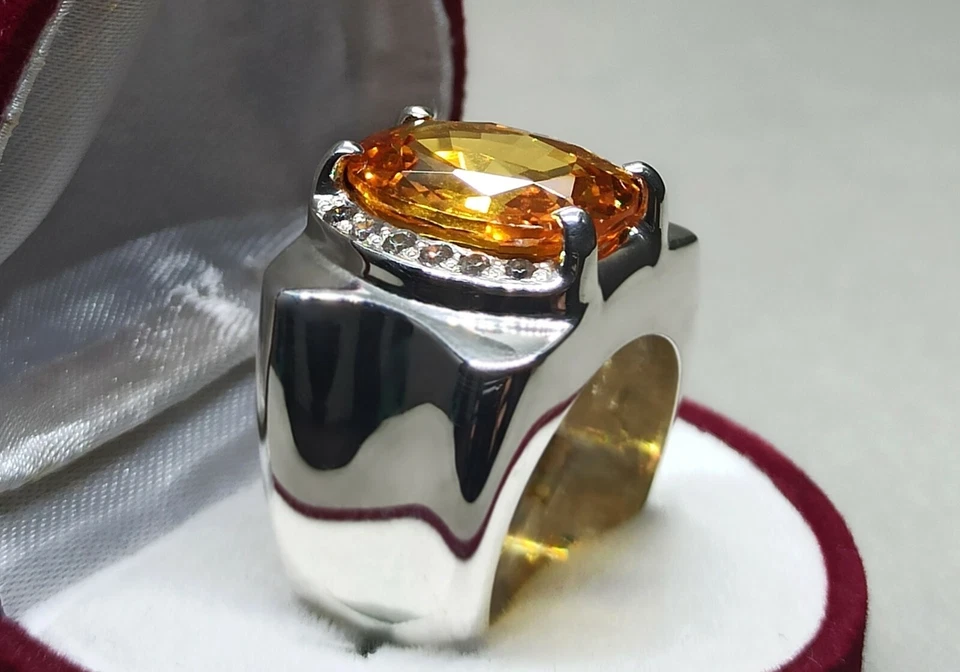 Oval Cut 14 Carat Deep Yellow Citrine Sterling Silver 925 Handmade Mens Ring - Image 2 of 4