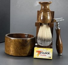 Wooden Vintage Style Wet Shaving Set Brush Bowl Mug Soap Blades Safety Razor