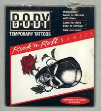 Vintage Skull with Rose Temporary Tattoos, Body Prints, 1993, Stocking Stuffer 