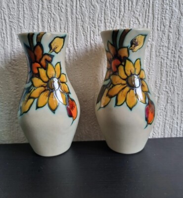 Gouda Holland Aster FLORA Keramik Paar kleine Keramikvase niederländische Keramik 6,25''