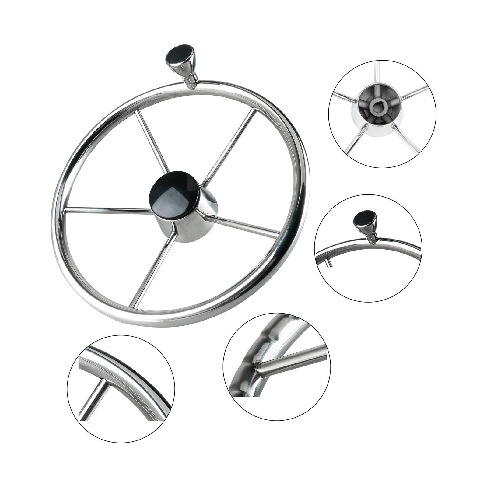 5 Spoke Stainless Steel Boat Steering 15-1/2" Dia Wheel Keyed to fit ...