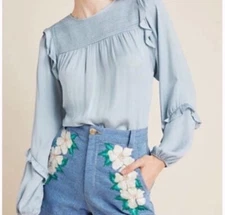 Anthropologie Dolan Majai Ruffle Light Blue Blouse Size Small