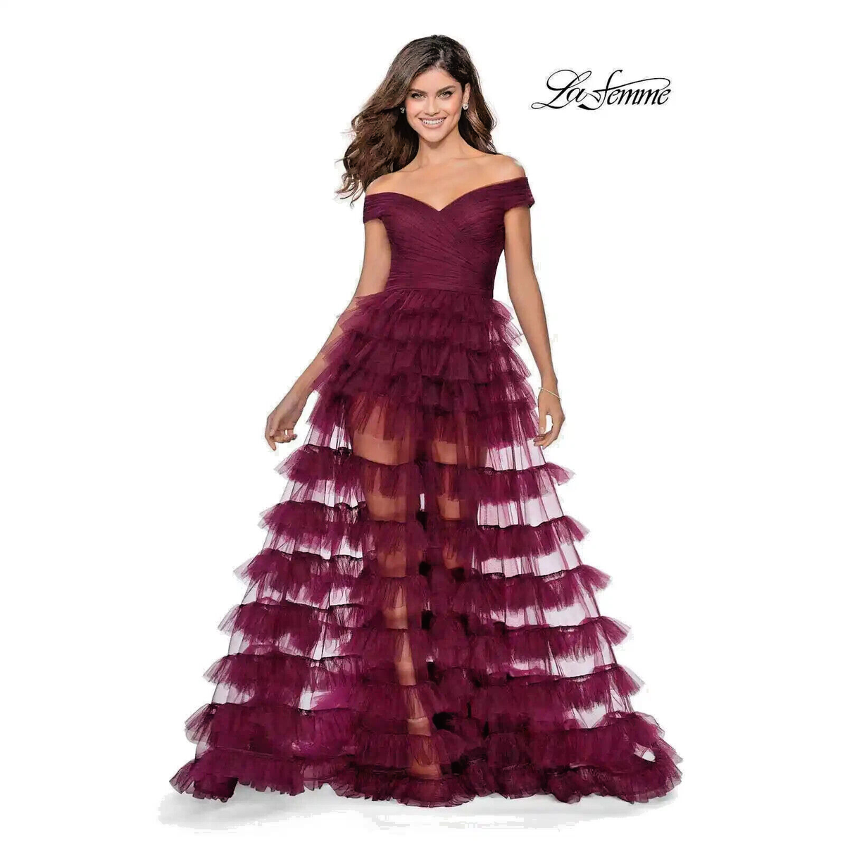 La Femme Sheer Layered Tulle Off the Shoulder Gown Dress Sz 8 C